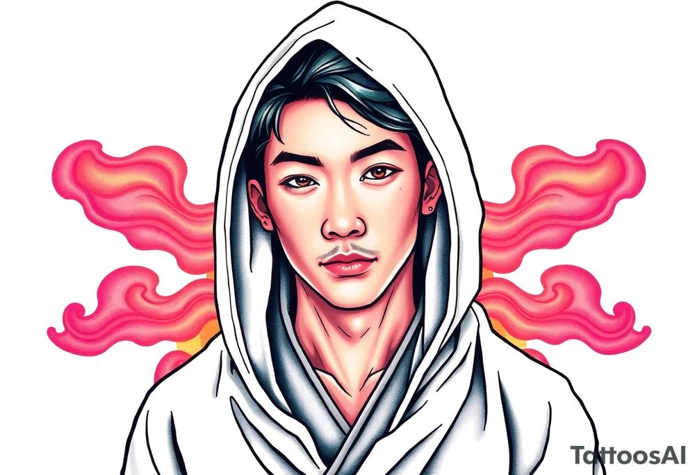 Handsome Asian young guy wearing robe with hood tattoo idea