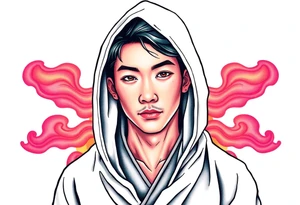 Handsome Asian young guy wearing robe with hood tattoo idea