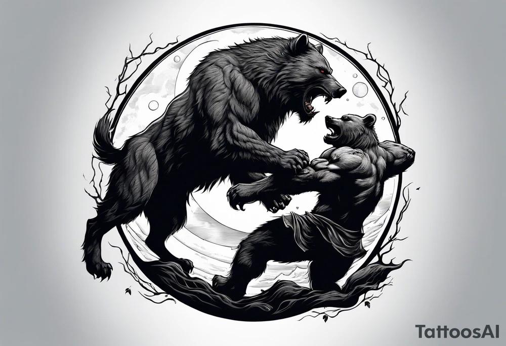 Muscular werewolf and muscular bear fighting under a blood moon tattoo idea