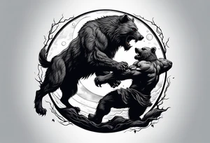 Muscular werewolf and muscular bear fighting under a blood moon tattoo idea