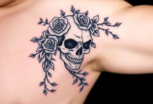 gothic skull intertwined with climbing roses and thorny vines tattoo idea