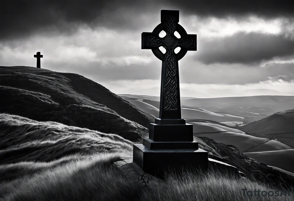 A monochromatic scene of a stone Celtic cross standing tall against a windswept hill. The intricate designs etched into the cross are starkly contrasted against its weathered, black surface. At the arm of the cross, a large raven perches elegantly, its ebony feathers seemingly absorbing the light. The bird's piercing eyes are fixed on something beyond the viewer's sight, lending an air of mystery to the already enigmatic monument. The surrounding landscape is desolate and barren, with the occasional tuft of brown grass struggling to survive the harsh elements. A veil of fog hovers just above the ground, adding to the eerie atmosphere and further isolating the cross from the world around it. The image evokes a sense of timelessness and the enduring strength of Celtic heritage, even in the face of the relentless march of time. tattoo idea