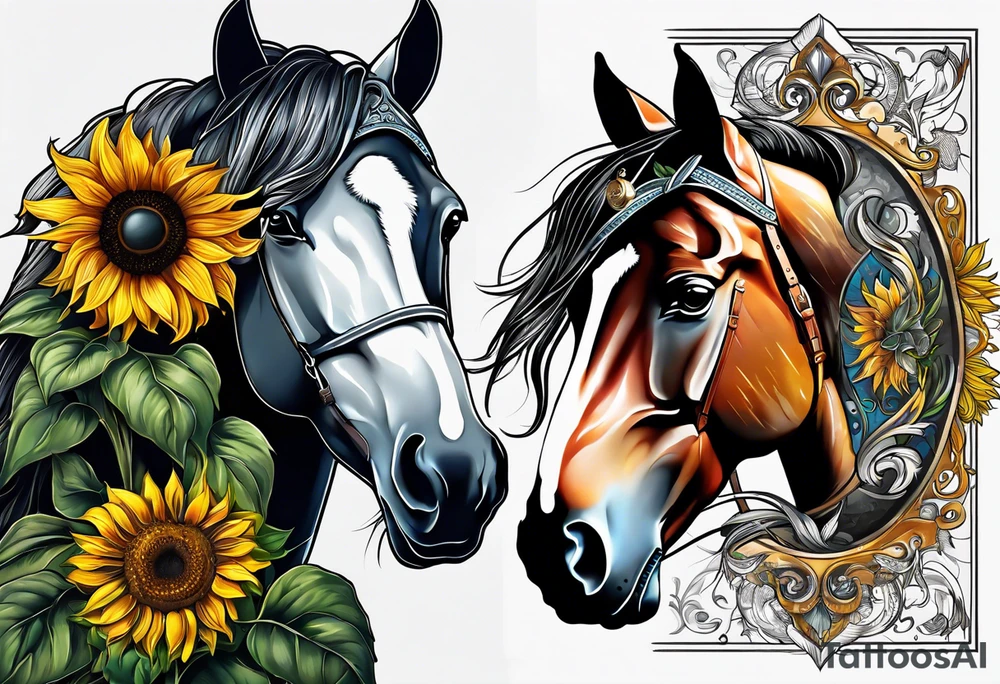 Horse, compass, sunflower tattoo idea