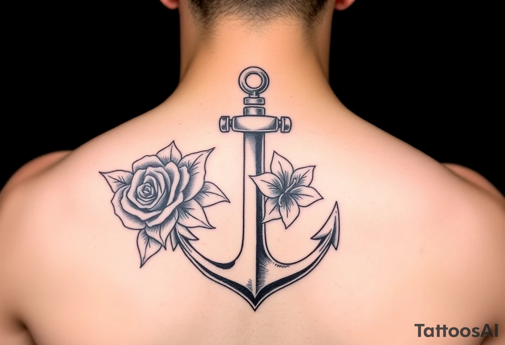 anchor with a rose, a lily and a hydrangea add color tattoo idea