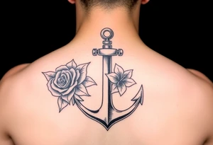 anchor with a rose, a lily and a hydrangea add color tattoo idea