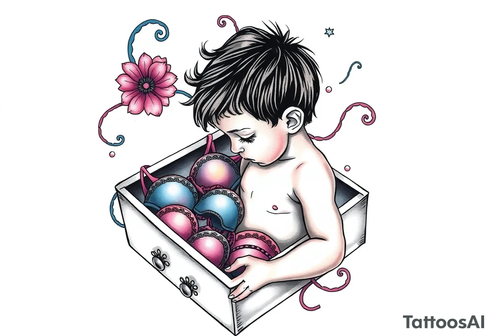 a little boy looking into his mothers drawer full of bras tattoo idea