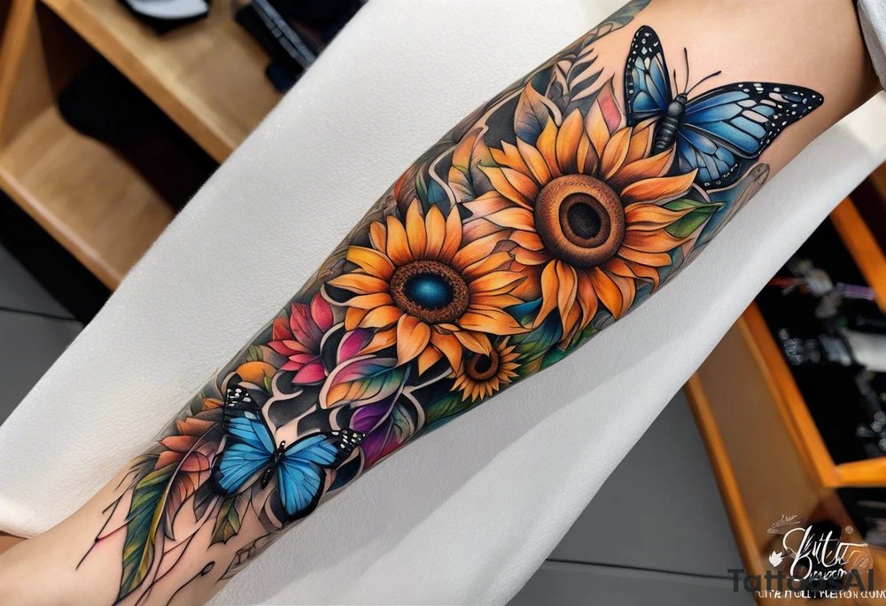Leg sleeve with dreamcatcher, rainbow sunflowers and one butterfly tattoo idea