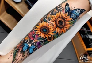 Leg sleeve with dreamcatcher, rainbow sunflowers and one butterfly tattoo idea