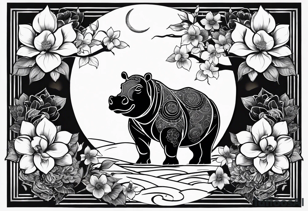 Very asymmetrical, +geometric pattern, with realistic full moon, with seeious looking hippo, +zen feel, + Buddhism touch,
with wintersweet flower bud, +portrait orientation, +inkart touch, tattoo idea