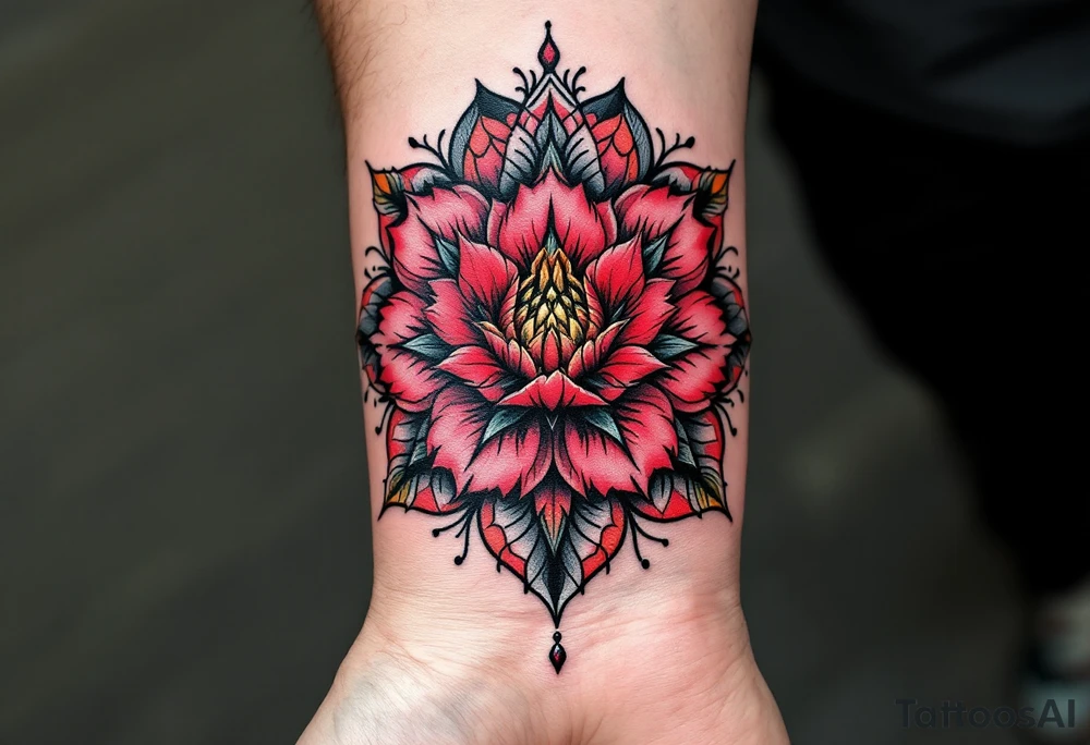red  and black rhododendron trippy with mandala behind tattoo idea
