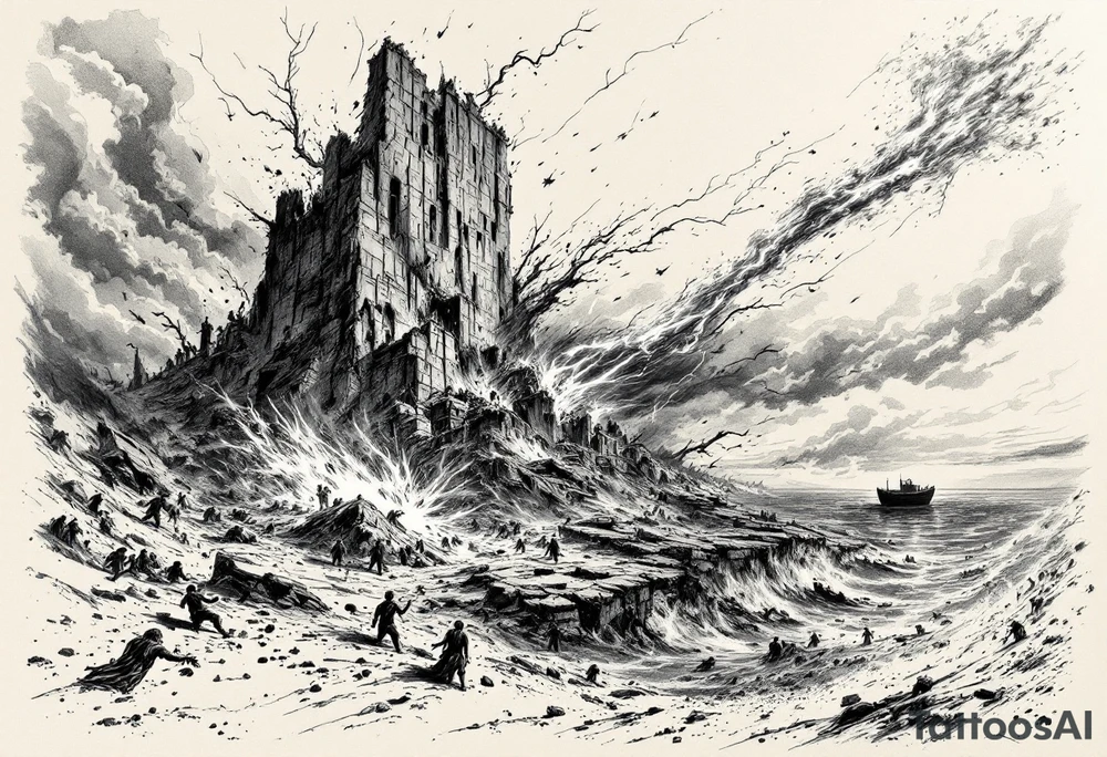 this will be a right arm sleeve.

A crumbling tower struck by lightning, with people scattering in chaos.
Fire raining down from heaven on a burning city, with smoke rising.
A blazing altar with fire falling from heaven
 Floodwaters overtaking the earth, with an ark in the distance. tattoo idea