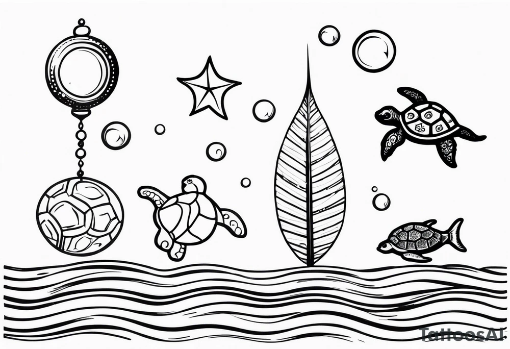 Small Starfish, Seahorse and turtle in a vertical line with bubbles tattoo idea