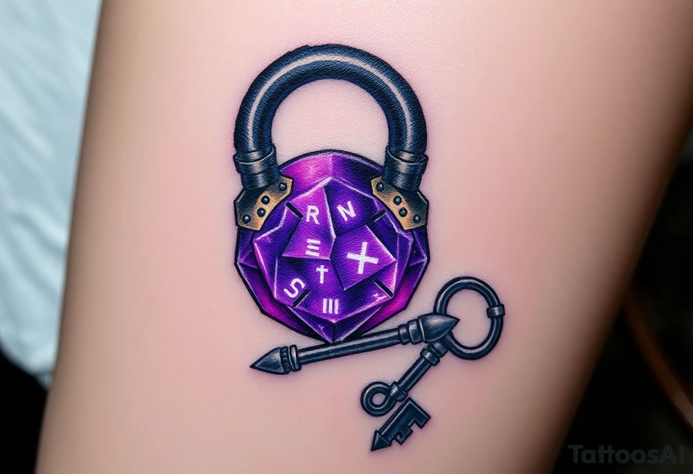 A deep purple crystal lock with glowing runes, and a key radiating a mystical aura and lying beside it. tattoo idea