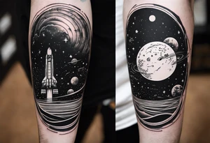 An outer space themed minimalist calf sleeve tattoo incorporating the quote, "Made for another world" in typewriter font tattoo idea