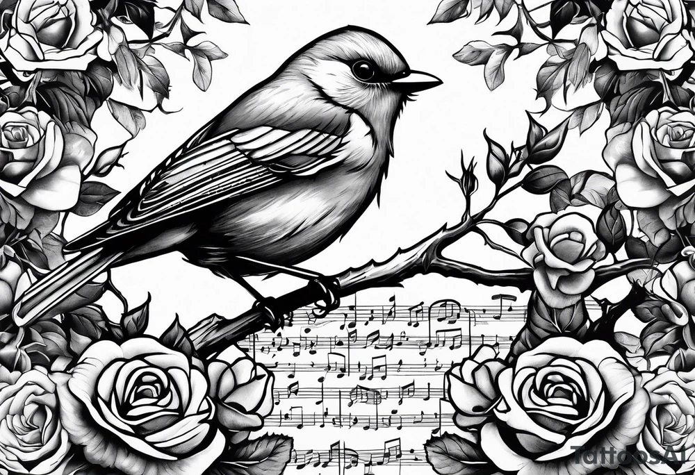 A Nightingale singing in a bush of Damascus roses above a music sheet tattoo idea A Nightingale singing in a bush of Damascus roses above a music sheet tattoo idea