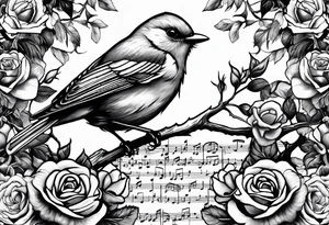 A Nightingale singing in a bush of Damascus roses above a music sheet tattoo idea