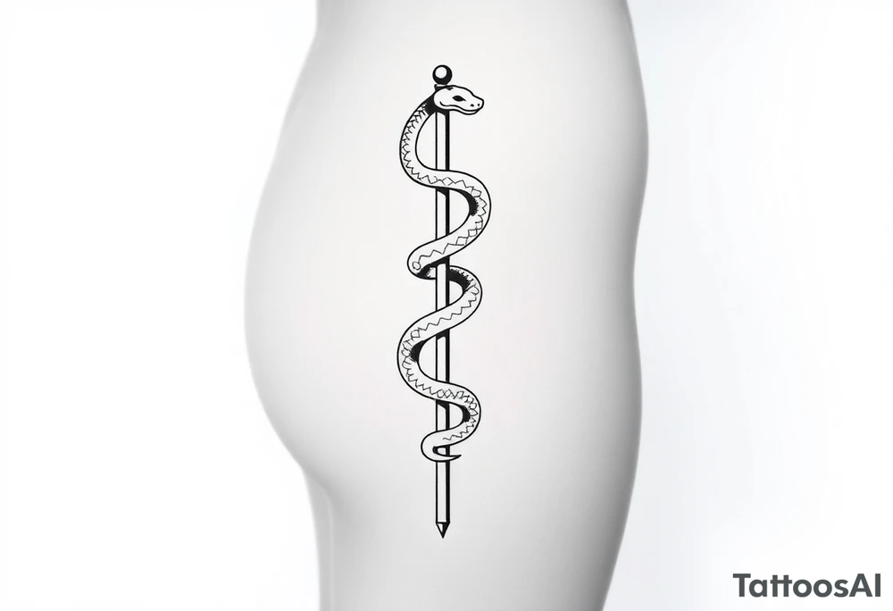 Snake tatto graphic on the hip. Positioned on the hip bone and lower closer to lady parts and leg. Snake symbolically wrapped over the pole (pole dance one). Minimalistic graphic style. Only snake and pole. Positioned horizontally, Pole vertically (not just Pole but a special pole for pole dance, but not to much details). Front view, hip bone is left and lower than belly, only front view. Pole is symbolically outline only like vertical simplified pole without details without beginning and end. Snake is placed diagonally according to the pole, partially wrapped around it and partially positioned on the hip bone from hip bone closer to vagina tattoo idea