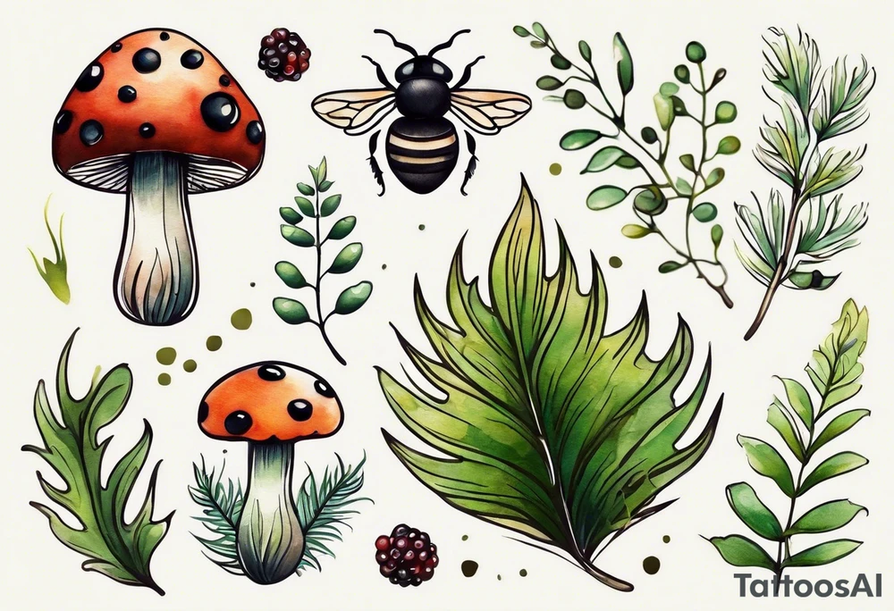 forest floor inspired minimalist tattoo, which includes grass, curly ferns, moss and dead leaves as the bulk of the tattoo. details to include: forest berries, a tiny bumblebee flying nearby, three small brown mushrooms
Generate a vertically long one tattoo idea