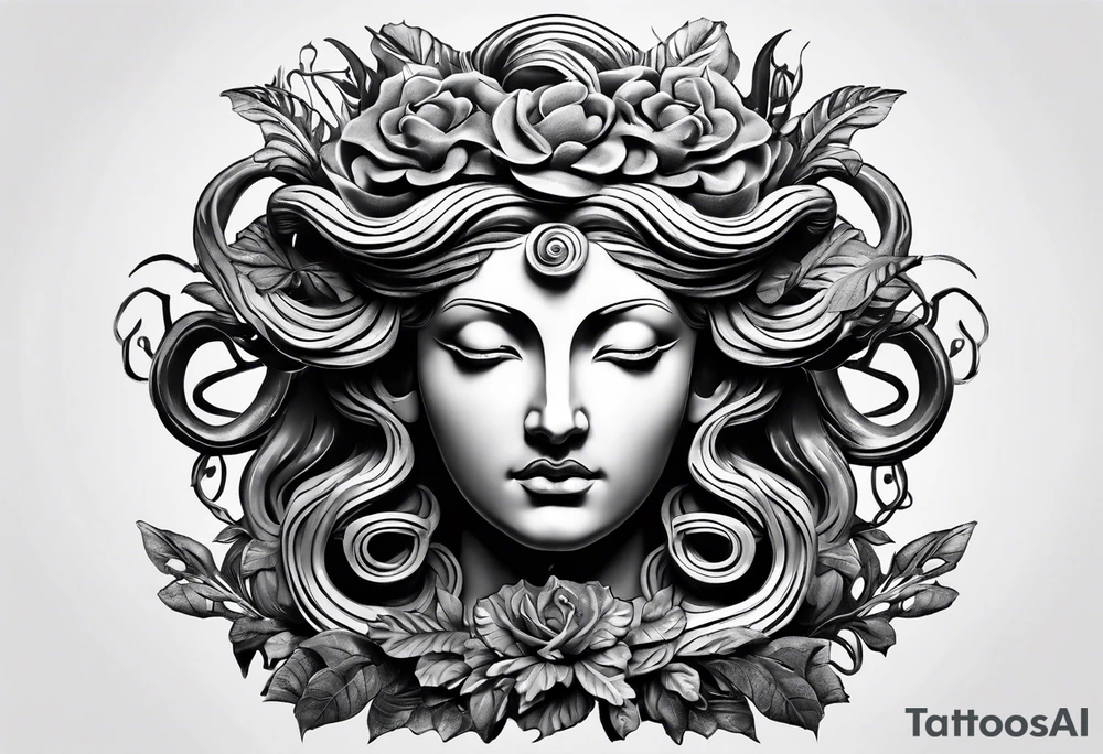 medusa sculpture bust with plants and cracks in sculpture. minimal artistic edgy tattoo idea