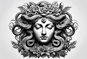 medusa sculpture bust with plants and cracks in sculpture. minimal artistic edgy tattoo idea