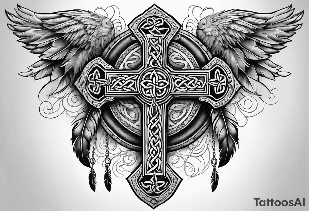 Celtic cross, shamrock in center, one Indian feather hanging from each side arm of cross tattoo idea