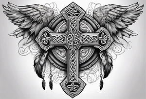 Celtic cross, shamrock in center, one Indian feather hanging from each side arm of cross tattoo idea
