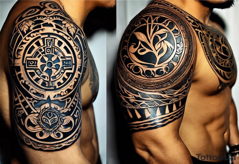 Craft a tribal Maori tattoo design seamlessly integrating the tree of life, a doctor bird, lignum vitae flowers, a nautical compass, and an old-school pocket watch. The design should flow from the arm to the chest, emphasizing equal importance for each element. Utilize traditional Maori patterns and symbolism to convey meaningful representation of these elements within the design, executed in a black and grey color scheme tattoo idea