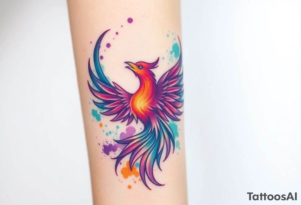 Phoenix in flames with purple, blue, orange, teal and green splashes, looking upwards. No outline. tattoo idea