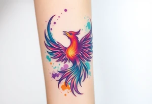 Phoenix in flames with purple, blue, orange, teal and green splashes, looking upwards. No outline. tattoo idea