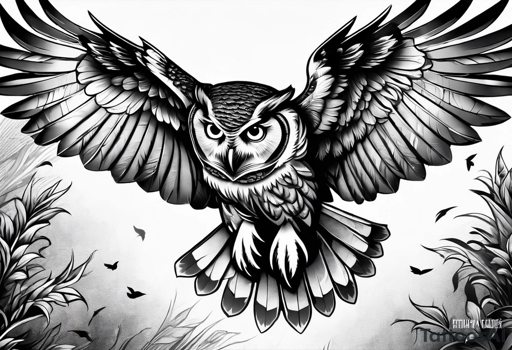 Owl in flight for left of chest, from an angle looking down tattoo idea