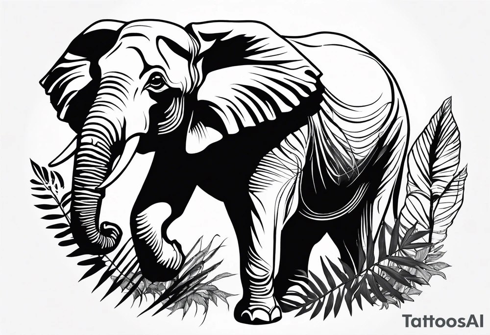 “A majestic elephant with its trunk raised, surrounded by tropical foliage, symbolizing memory and strength tattoo idea