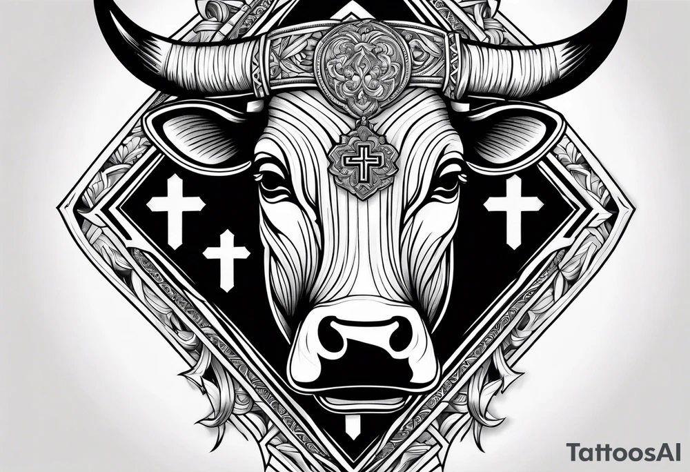 leather  detail with cow tag and cross sleeve tattoo idea