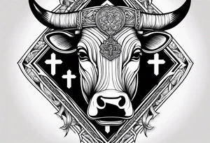 leather  detail with cow tag and cross sleeve tattoo idea