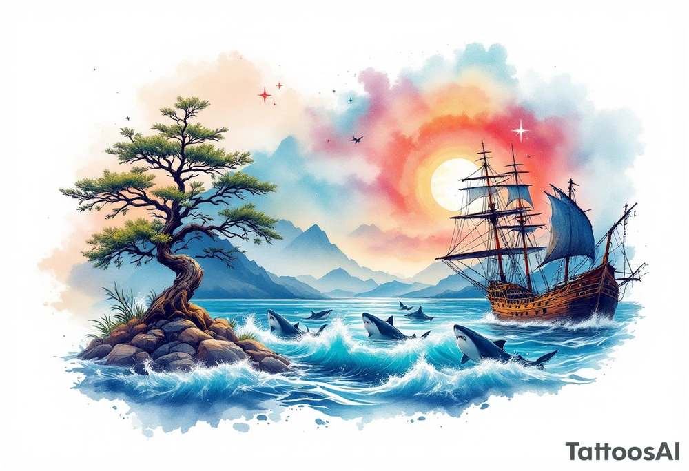 tattoo that has an acacia tree with mountains, ocean with a ship wreck with sharks and the northern star tattoo idea