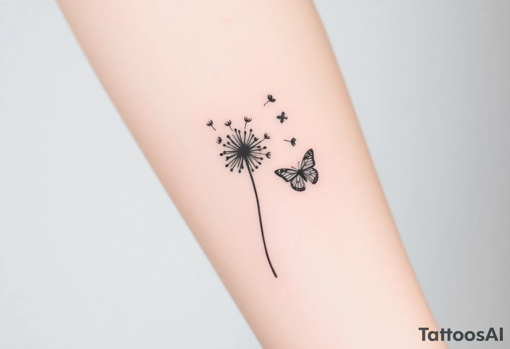 a dandelion and two (2) minimalistic butterflies flying around it (one smaller than the other tattoo idea