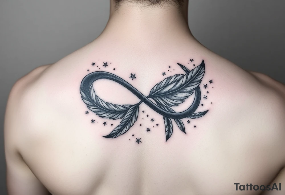 infinity symbol woven with floating feathers and stardust tattoo idea