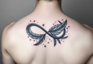 infinity symbol woven with floating feathers and stardust tattoo idea