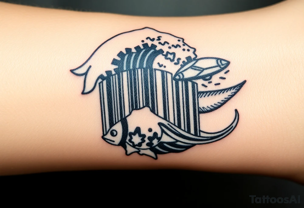 A barcode that seamlessly blends into high ocean waves with other sea life creatures tattoo idea
