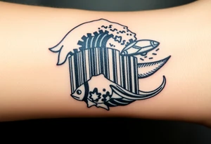 A barcode that seamlessly blends into high ocean waves with other sea life creatures tattoo idea