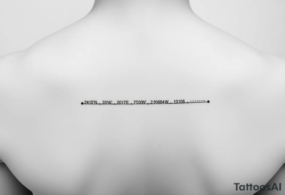 A minimal fine-line tattoo showing a straight, thin horizontal timeline with two small evenly spaced dots. Below the first dot, write the coordinates: "24°10′N, 20°16′E". Below the second dot, write: "53.4084°N, 2.9916°W". Above each coordinate, place a small circle or marker dot to signify key points. Beneath the entire timeline, add a single row of visual Morse code symbols using only dots (●) and dashes (—), arranged like this: — ● — ●   ● —   ● — ●   — — —   ● — ● ●   ● ●   — ● ●   ● — tattoo idea