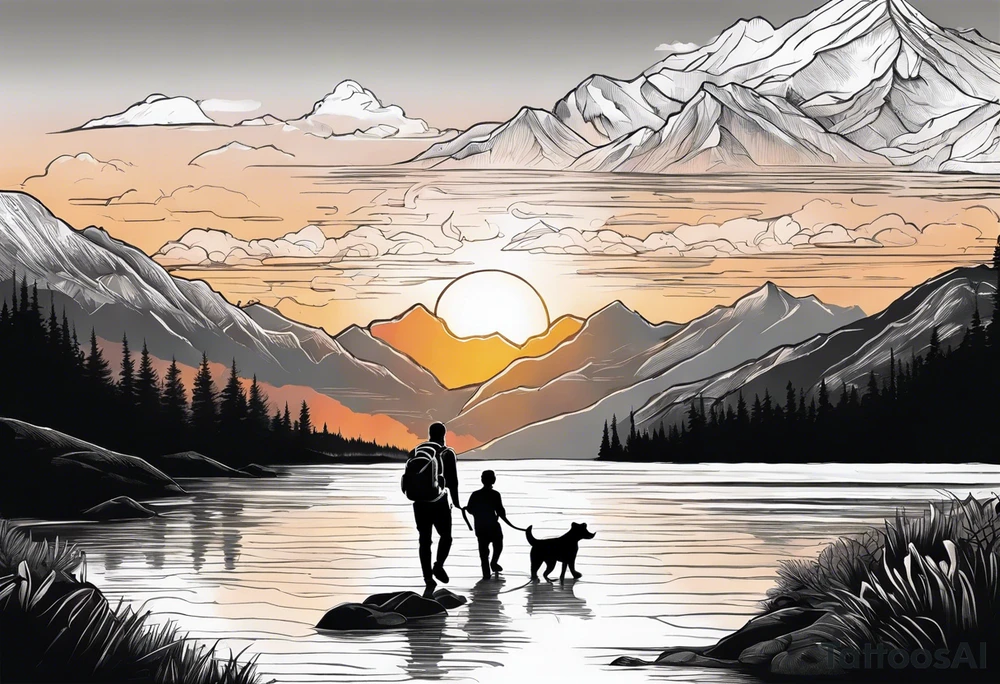 nature, sunset, mountains, a father and son hiking with their dog and cat by the water and a cross in the distance tattoo idea