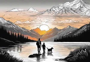 nature, sunset, mountains, a father and son hiking with their dog and cat by the water and a cross in the distance tattoo idea
