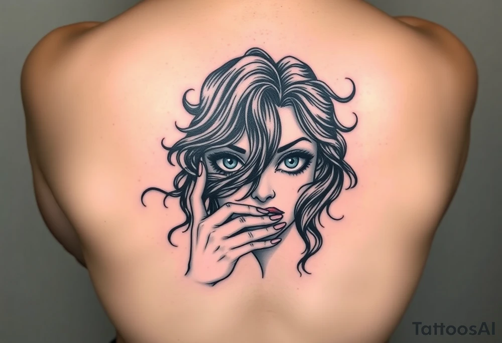 Women that has big eyes but her eyes are covered by both her hands for see no evil and her nose is normal but she is bitting down on her lip so she won't talk for speak no evil and even though she has waves lo g haid that's flying down her face and back you can see both her ears and both her ears are bleeding for hear no evil tattoo idea