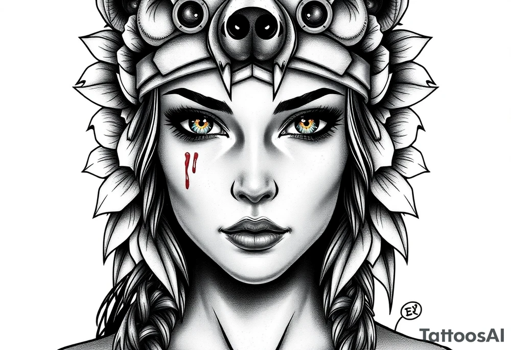 Young Symmetrical Beautiful Woman, looking forward, with colored eyes, shedding a tear, with battle scars and blood on face, with soft look, wearing a mean looking bear headdress on head, with flower background tattoo idea