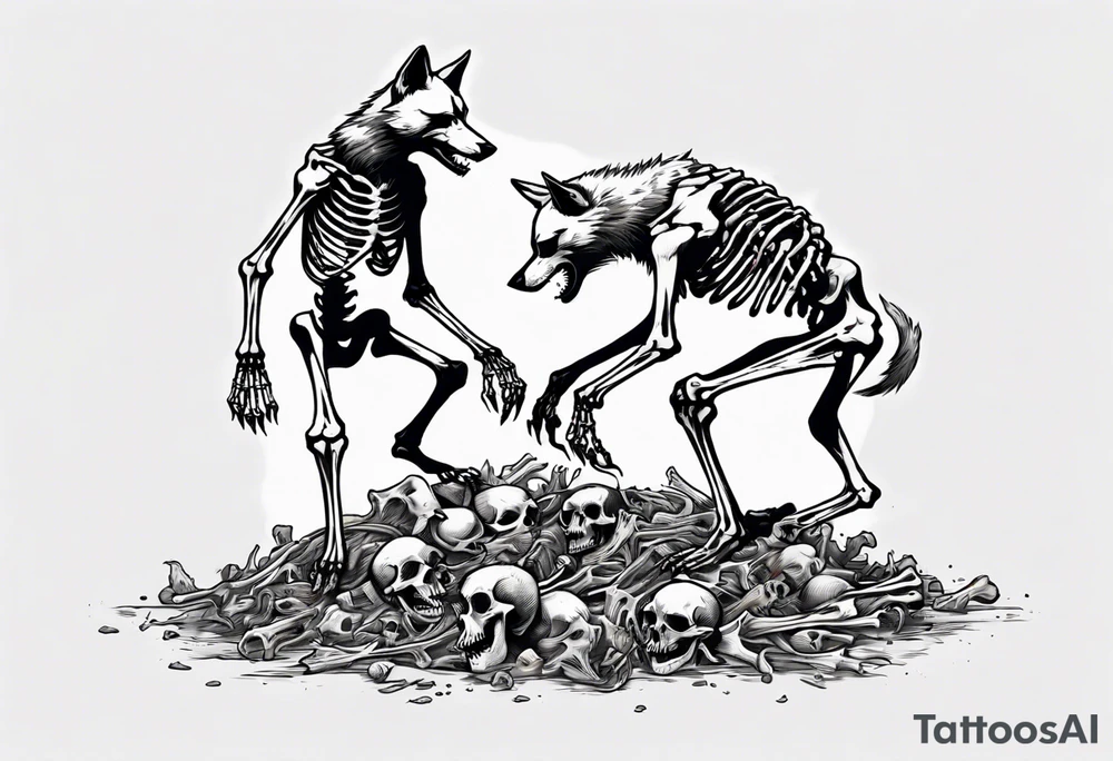two wolf skeletons dancing on a pile of bones tattoo idea two wolf skeletons dancing on a pile of bones tattoo idea