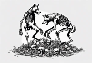 two wolf skeletons dancing on a pile of bones tattoo idea