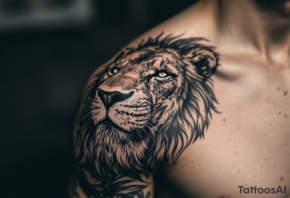 Dawson and dakota names integrated into a mean lion tattoo sleeve tattoo idea