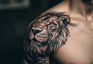 Dawson and dakota names integrated into a mean lion tattoo sleeve tattoo idea