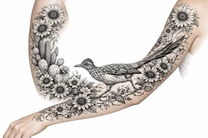 Wildflowers,sunflowers and Indian blanket flowers with vines and cactus with a realistic road runner tattoo idea