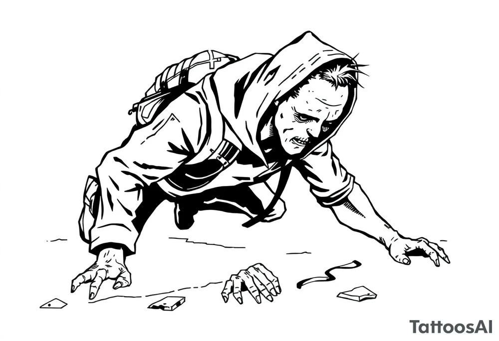 Confusion and pressure in thin lines solo traveler with no face with his body parts left on the path behind him he’s crawling tattoo idea